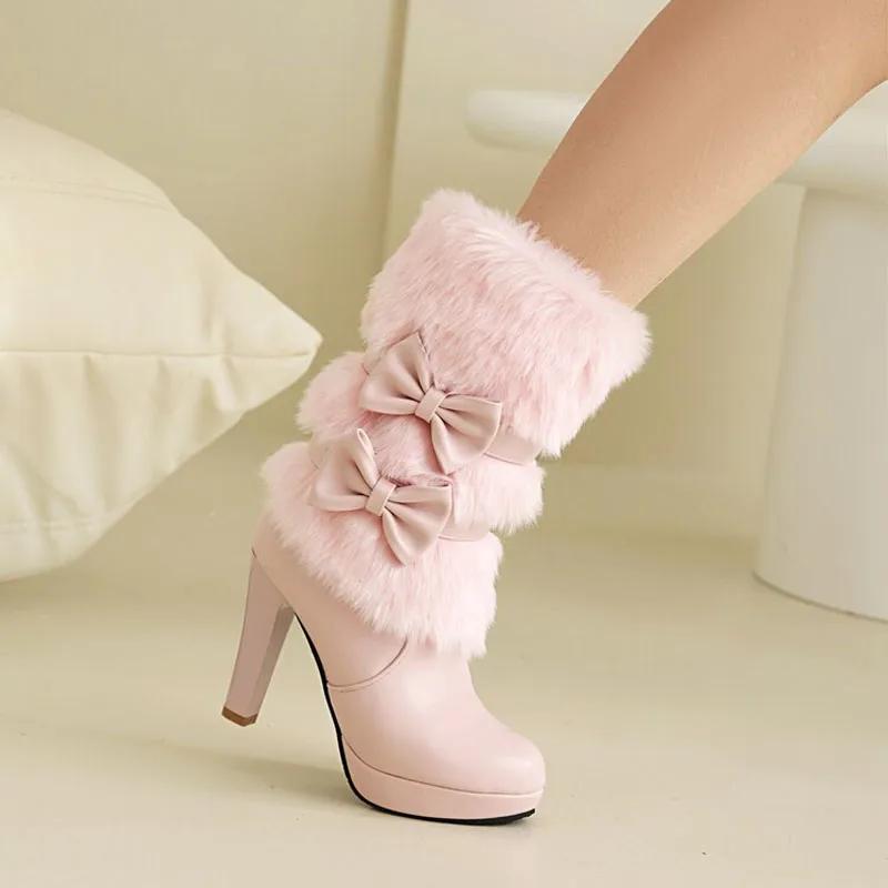 Fashion Black High Heels Mid-calf Boots for Women Faux Fur and Bow-knot Sweet White Pink Winter Women Shoes Platform Boots
