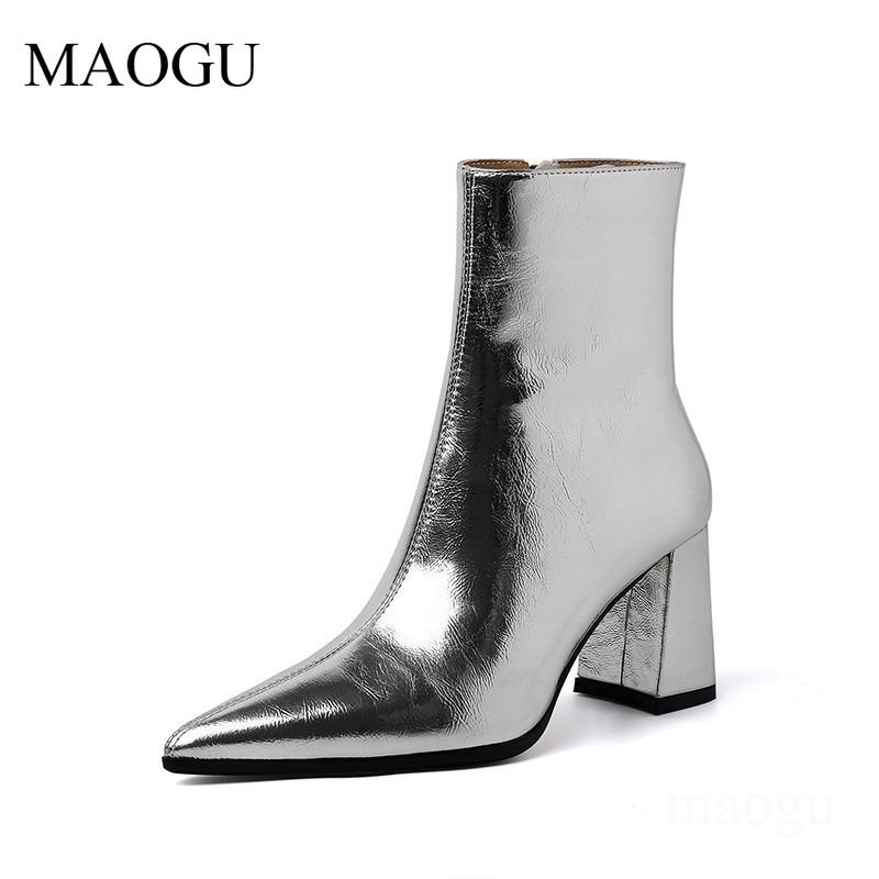 Silver/Gold Women's Pointed Toe Block Heel Ankle Boots Side Zipper Shiny Pu Leather Fashion Short Boots Botines De Mujer Size 35