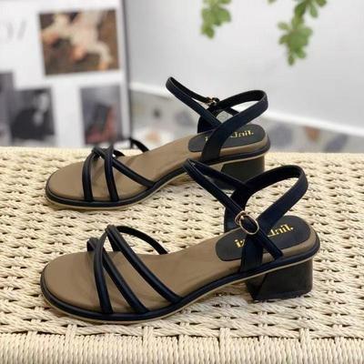 New Women's Strappy Sandals with A Single Strap Medium Heel and Thick Heel Versatile Shoes