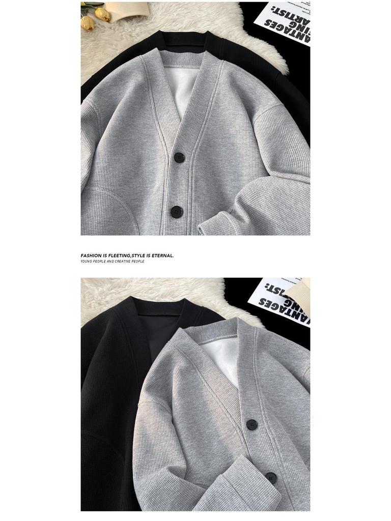 Men's Retro Waffle Knit V-Neck Cardigan Hoodie – Spring/Autumn Heavyweight Loose Casual Jacket.