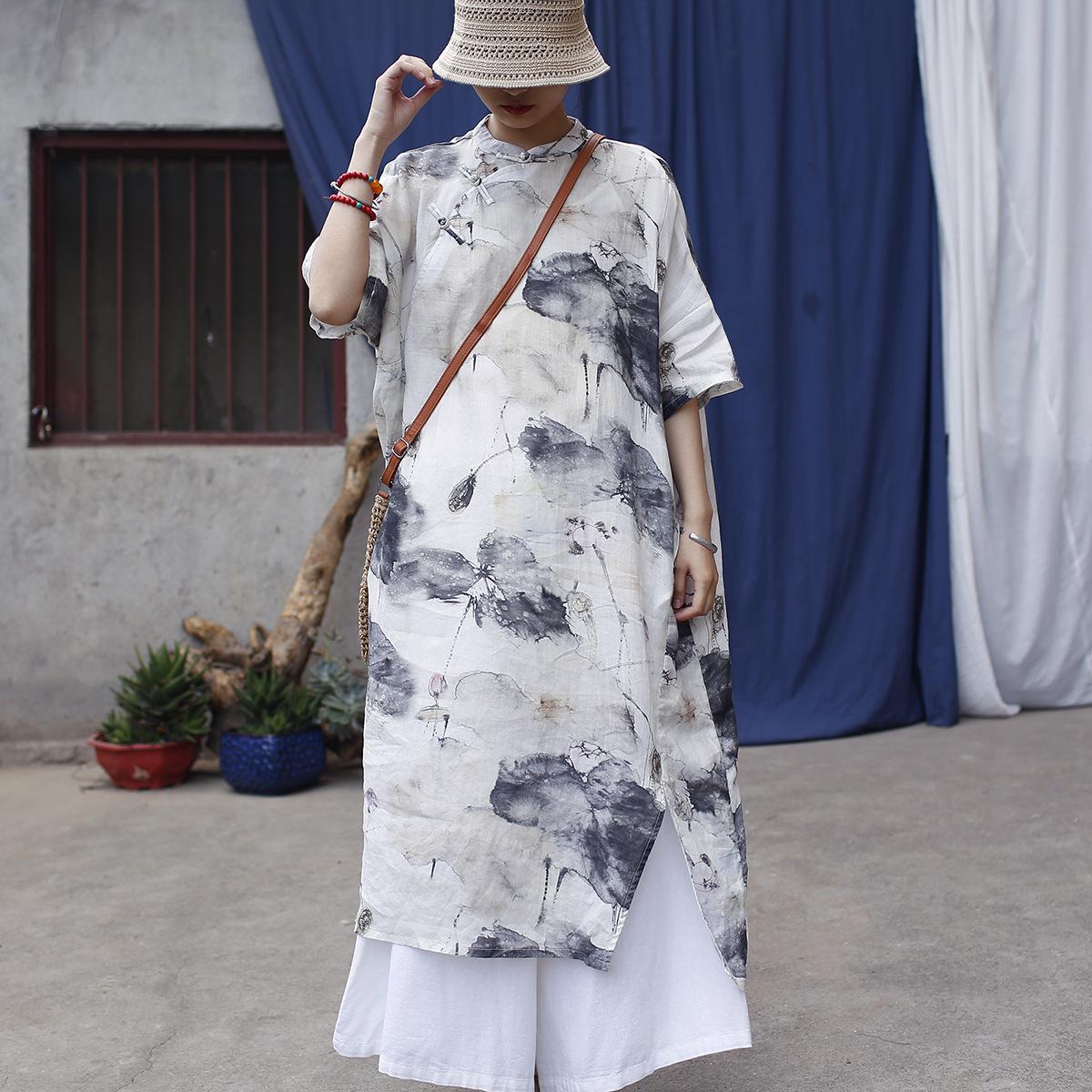 

Johnature Vintage Stand Half Sleeve Dress For Women Chinese Style Print Ink Wash Painting Summer Dress One Size