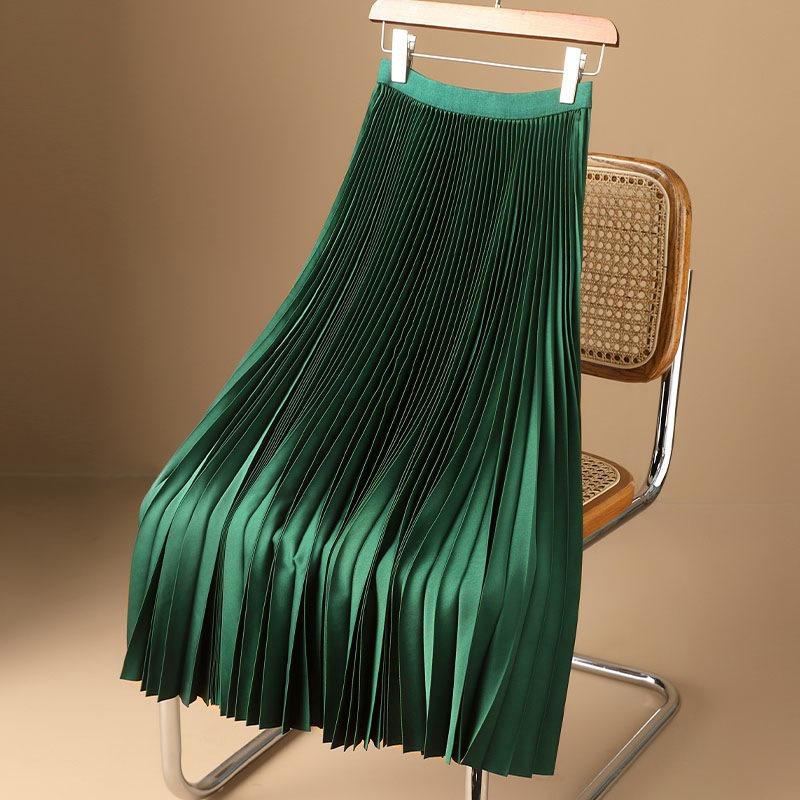 Satin Solid Color Pleated Skirt Summer Thin Medium and Long Knee High Waist A-shaped Skirt Skirt Green