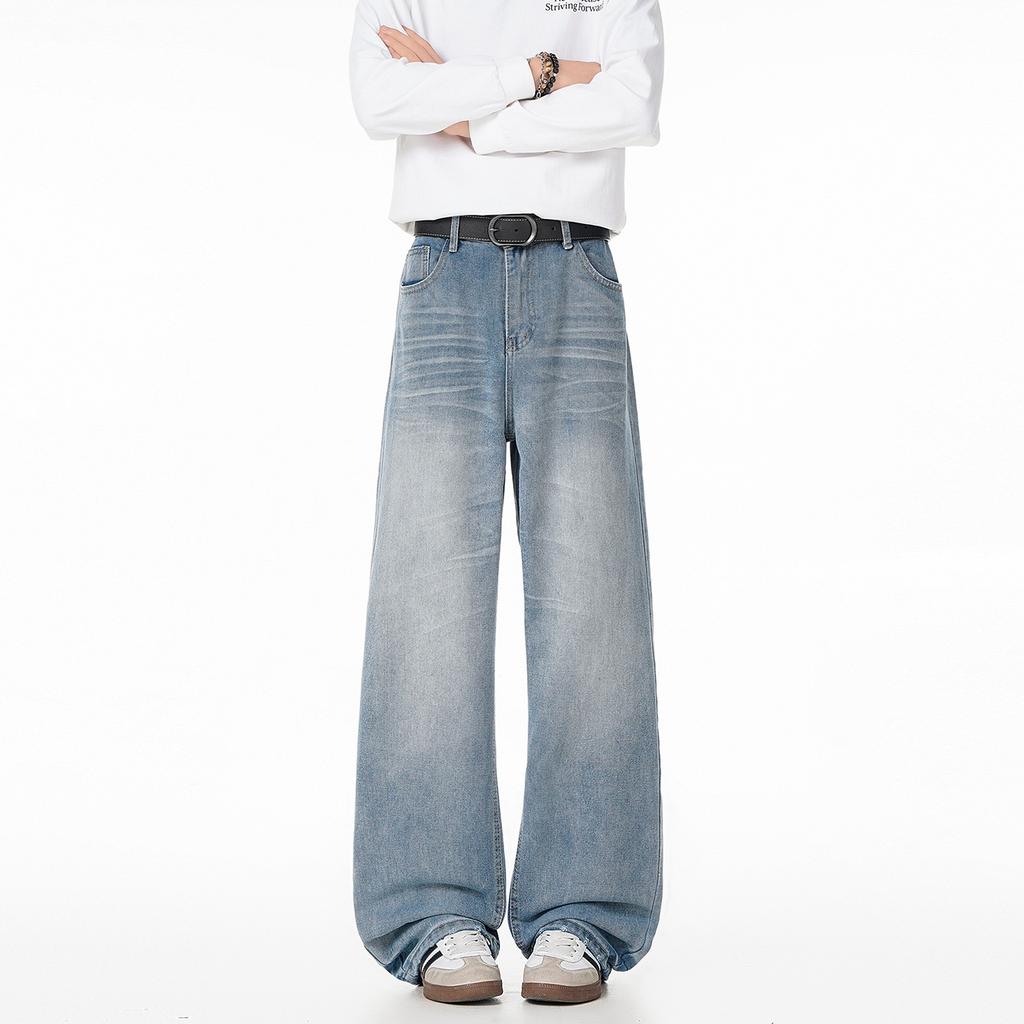 Men's jeans autumn old washed light blue pleated wide legs loose drape American retro trendy trousers
