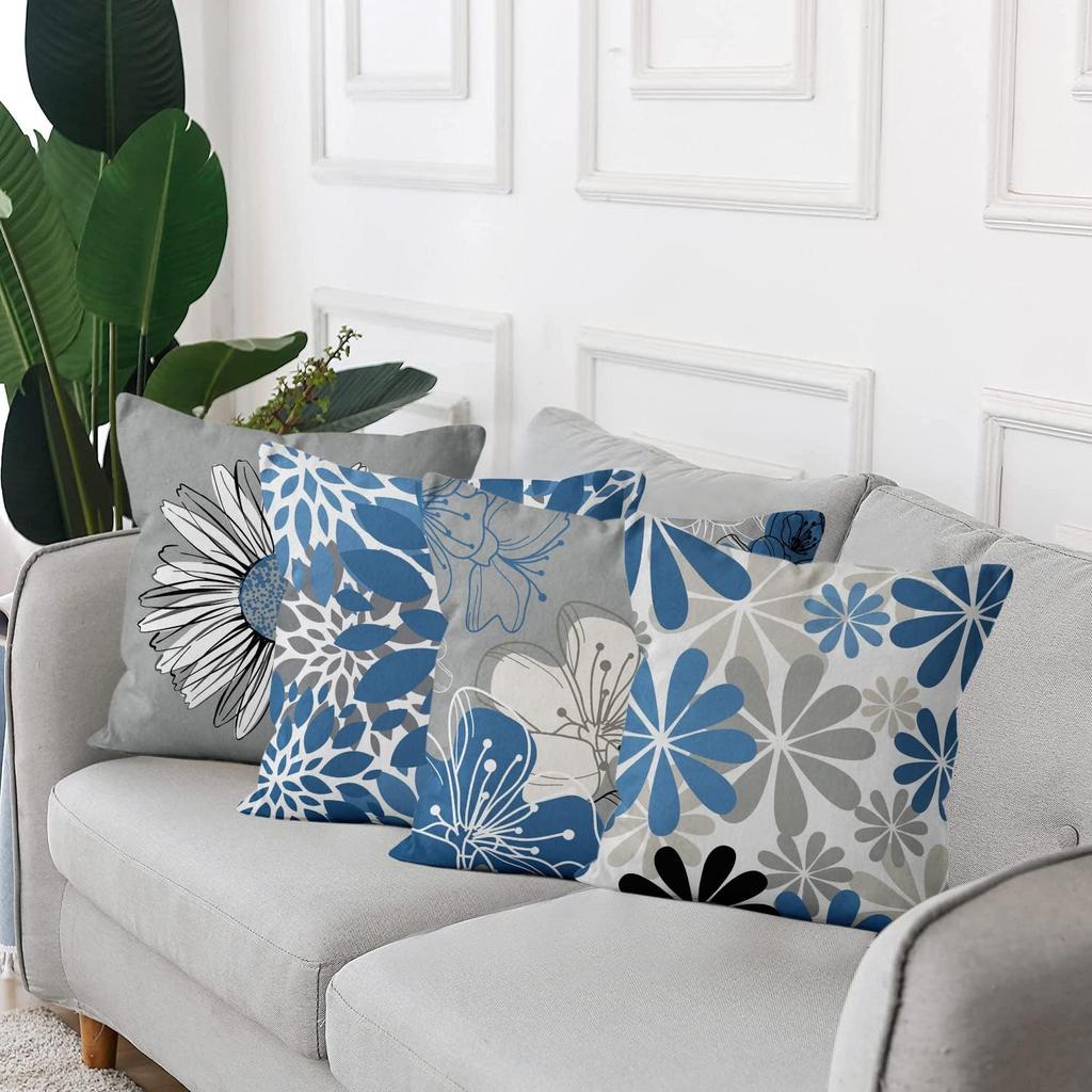 4Pcs Blue Gray Floral Cushion Covers, Modern Daisy & Leaf Print Pillow Cases For Sofa Bedroom Living Room Decor 45X45Cm