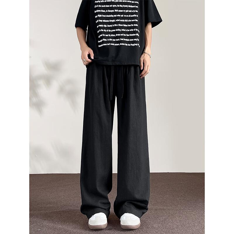 Dingfengbaoluo Men's Linen Pants, Spring Pure Cotton, Draping Loose Straight-Leg Solid Color Casual Pants, DJ83 Black 3XL