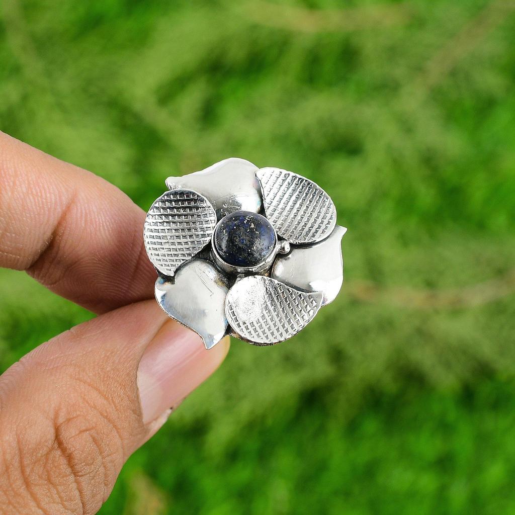 Natural Lapis Lazuli 925 Silver Solitaire Flower Adjustable Ring For Women
