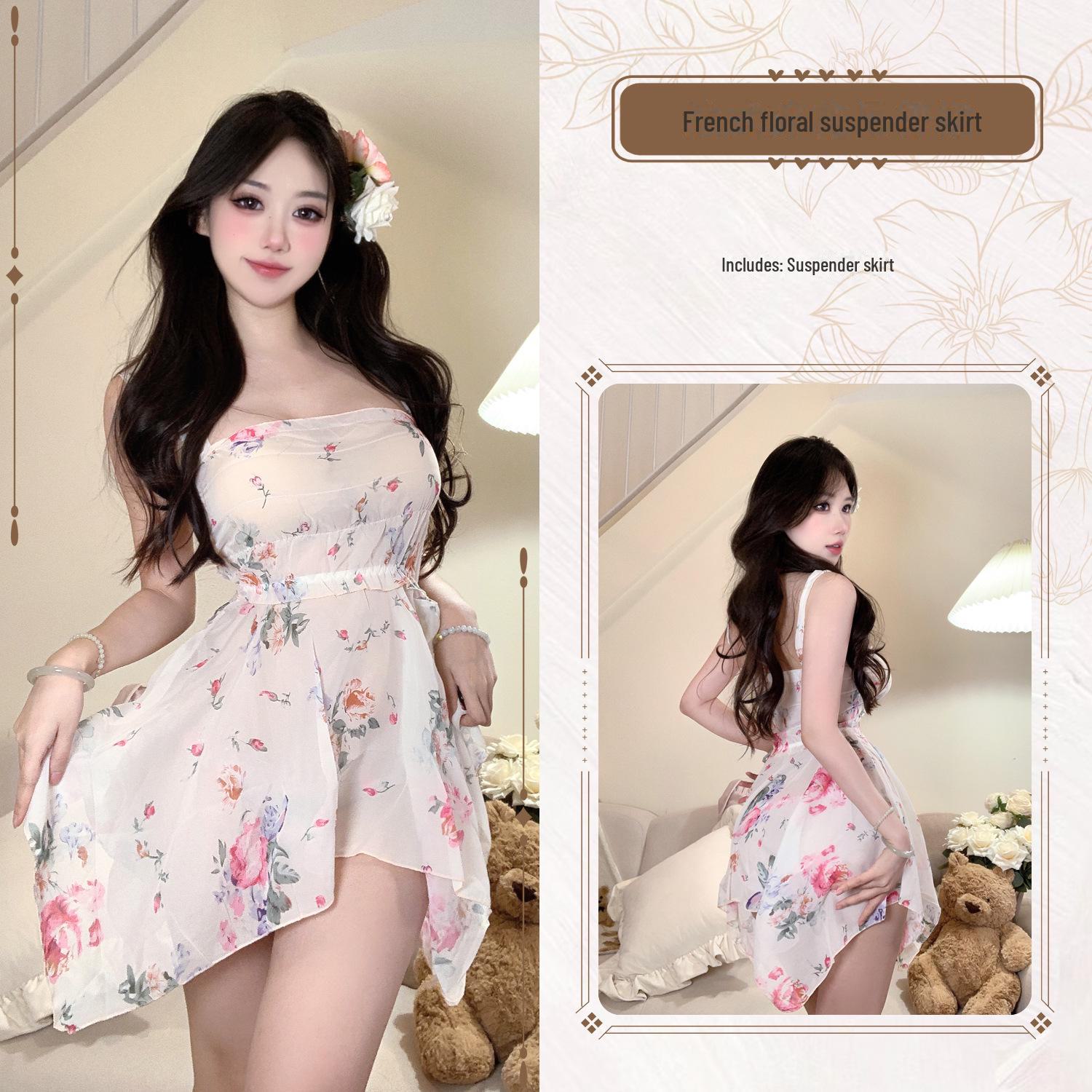 

Ночная рубашка из шифона с цветочным принтом и комплект с подвязками для чулок - сексуальное летнее нижнее белье dress; L