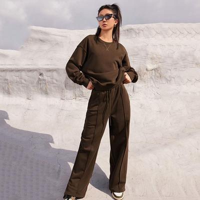 Women Solid Color Long Sleeve O Neck Hoodies Suit Autumn Winter Loose Top Wide Leg Pants