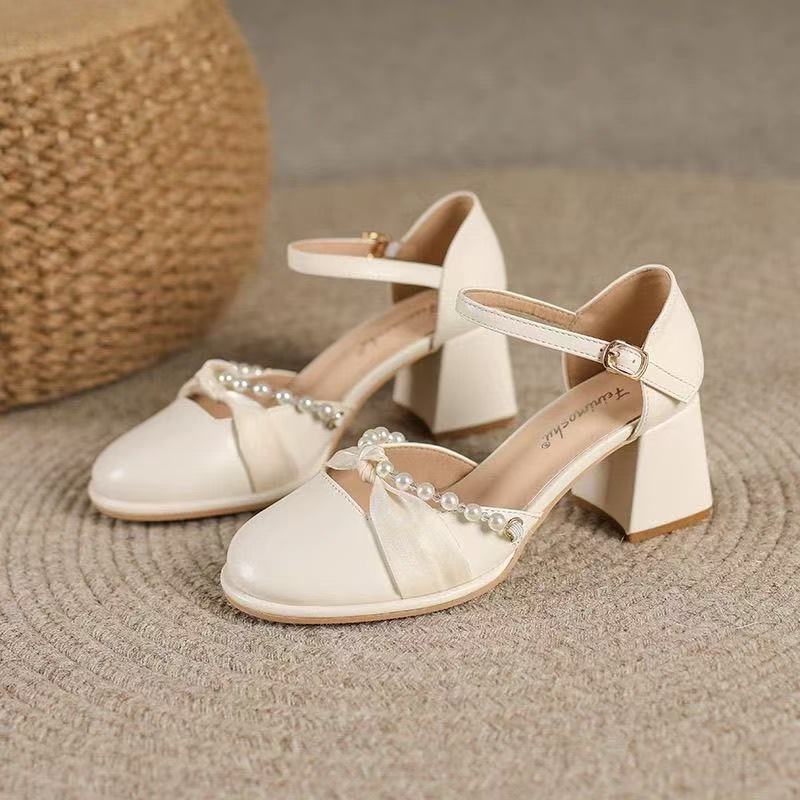 

Босоножки на высоком каблуке 2025 новая мода сумка голова женские жемчужные легкие рот лента милый стиль девушки туфли Мэри Джейн 34