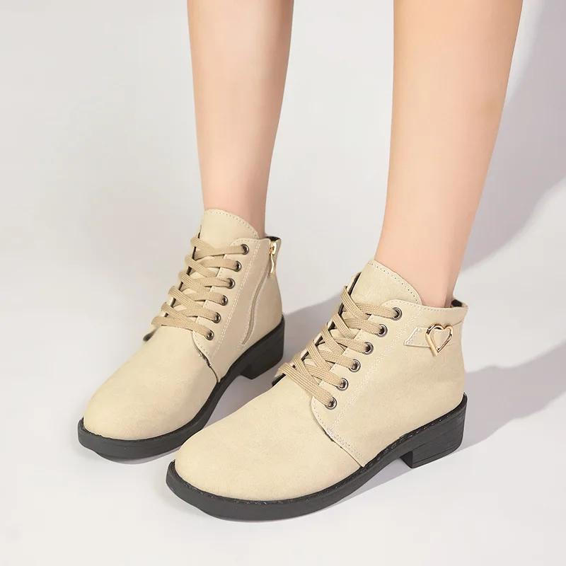 Winter Women Ankle Boots Retro Suede Mid Heels Shoes Lace Up Chunky Boots 2025 Trend Designer Classic Pumps New