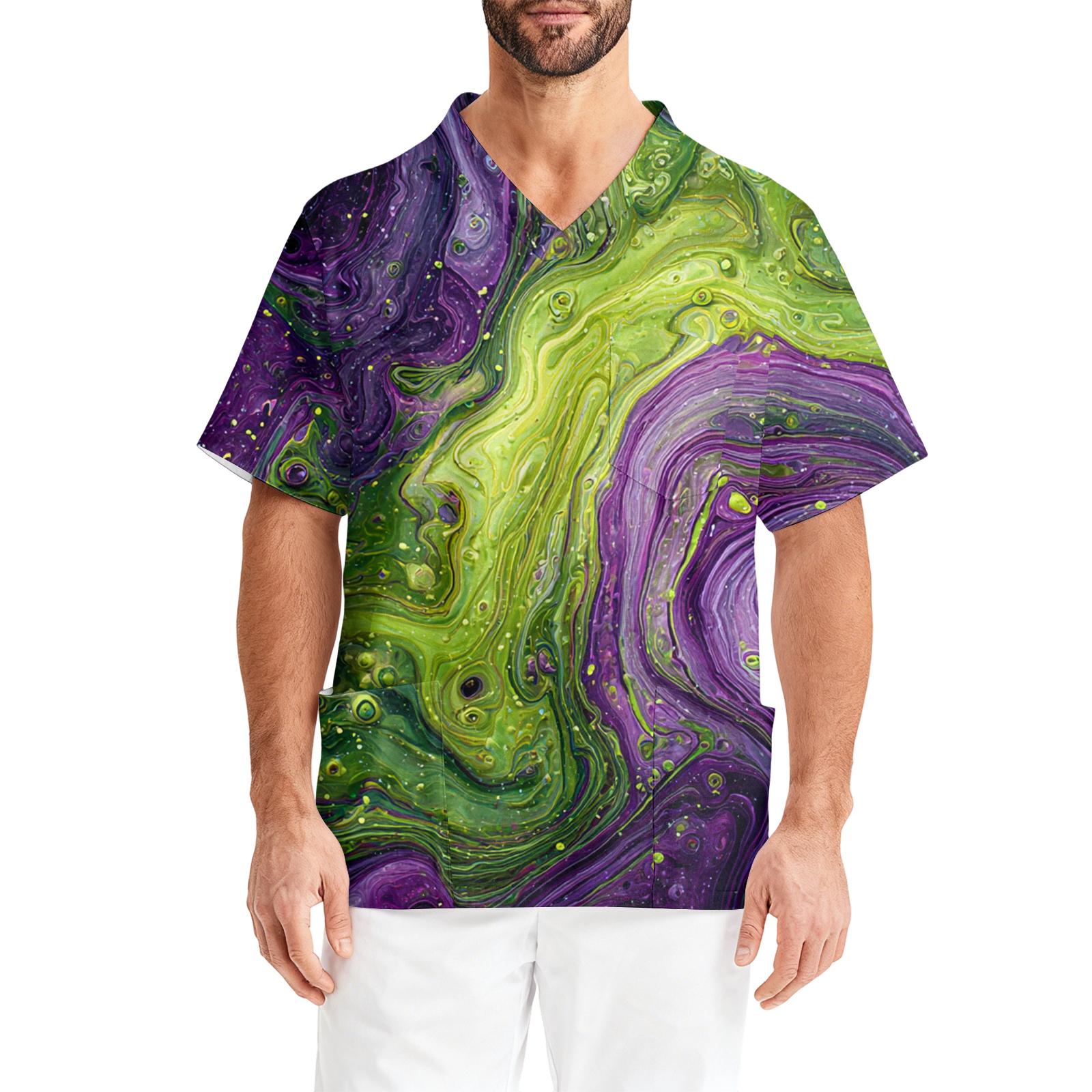 Мужская рабочая блузка с короткими рукавами и v-образным вырезом с принтом топ с нагрудным карманом XL жёлтый 1630₽