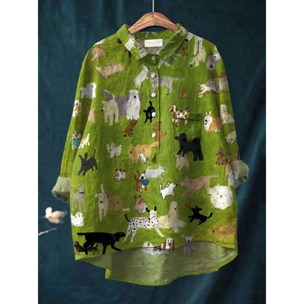 Ladies' Casual Loose Fit Floral Printed Button Up Shirt -Fish School Pattern