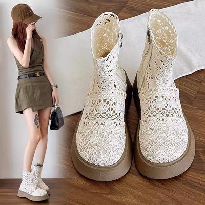 Thin Breathable Boots Women's New Summer Hollow Lace Mesh Short Boots Thick-soled Retro Cool Boots