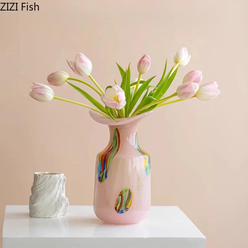 Colorful Painted Glass Vase Creative Ruffle Plant Pots Table Decoration Flowers Arrangement Floral Vases Room Aesthetic Decor