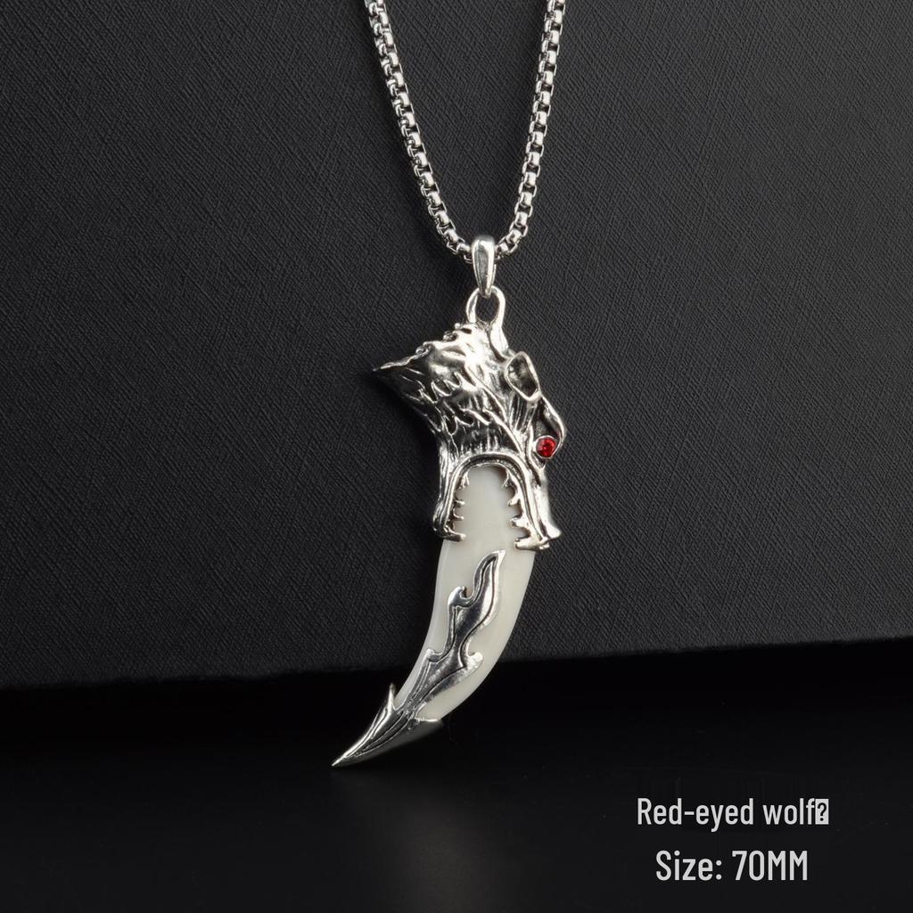 Men's Tibetan Faux Wolf Tooth Pendant Necklace, Titanium Steel Chain, Nepalese Style