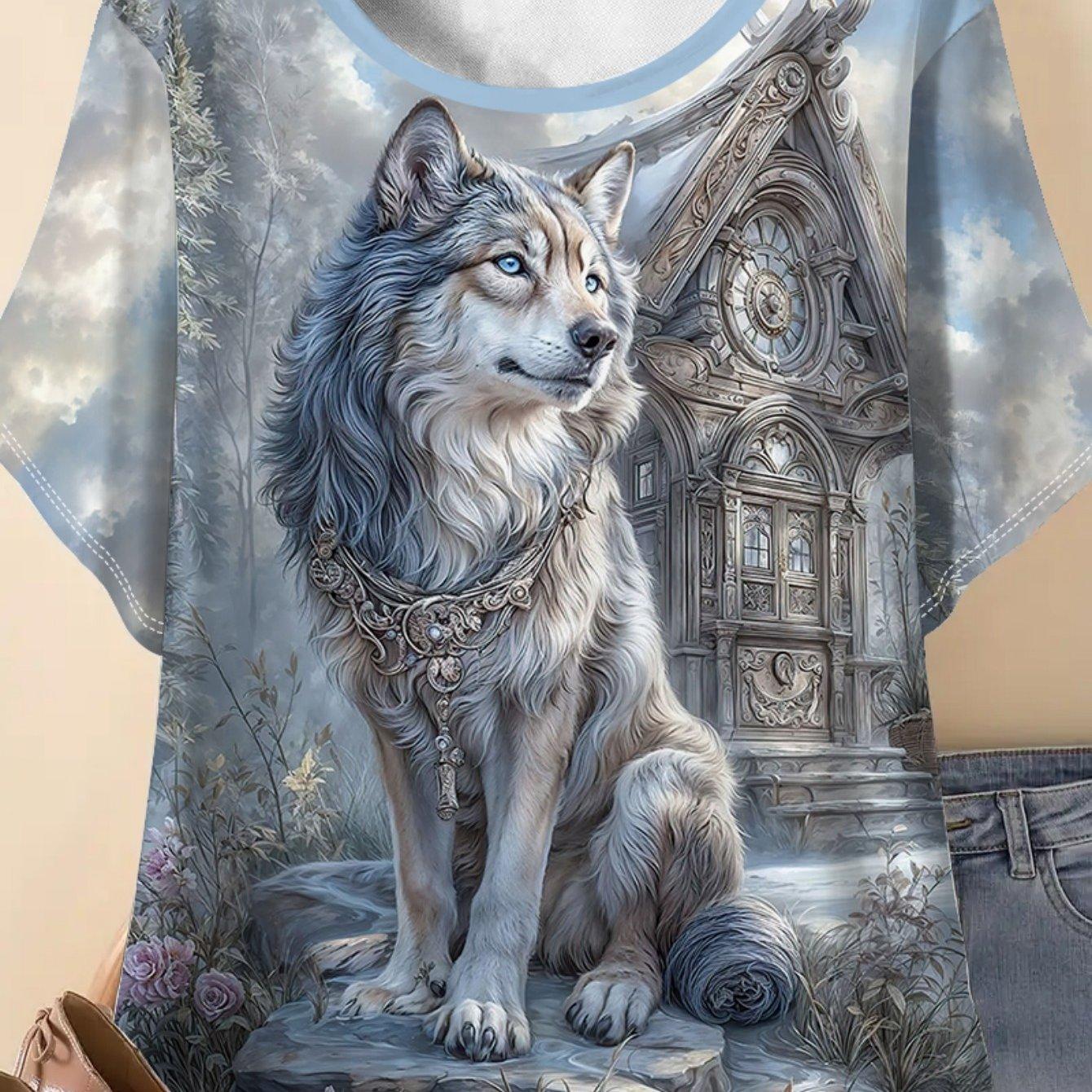 Women s Plus Size Gothic Wolf Matryoshka Print Loose Short Sleeve T-Shirt Autumn Winter 0XL