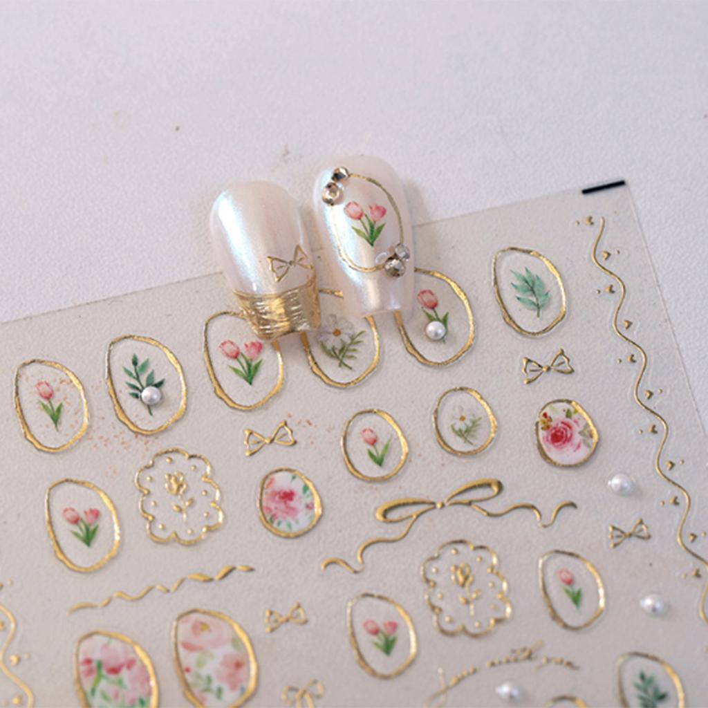 Nail Stickers with Tulip, Pearl  Ribbon Designs, Self-Adhesive Nail Art Decorations, Waterproof 3D Stereo Effect