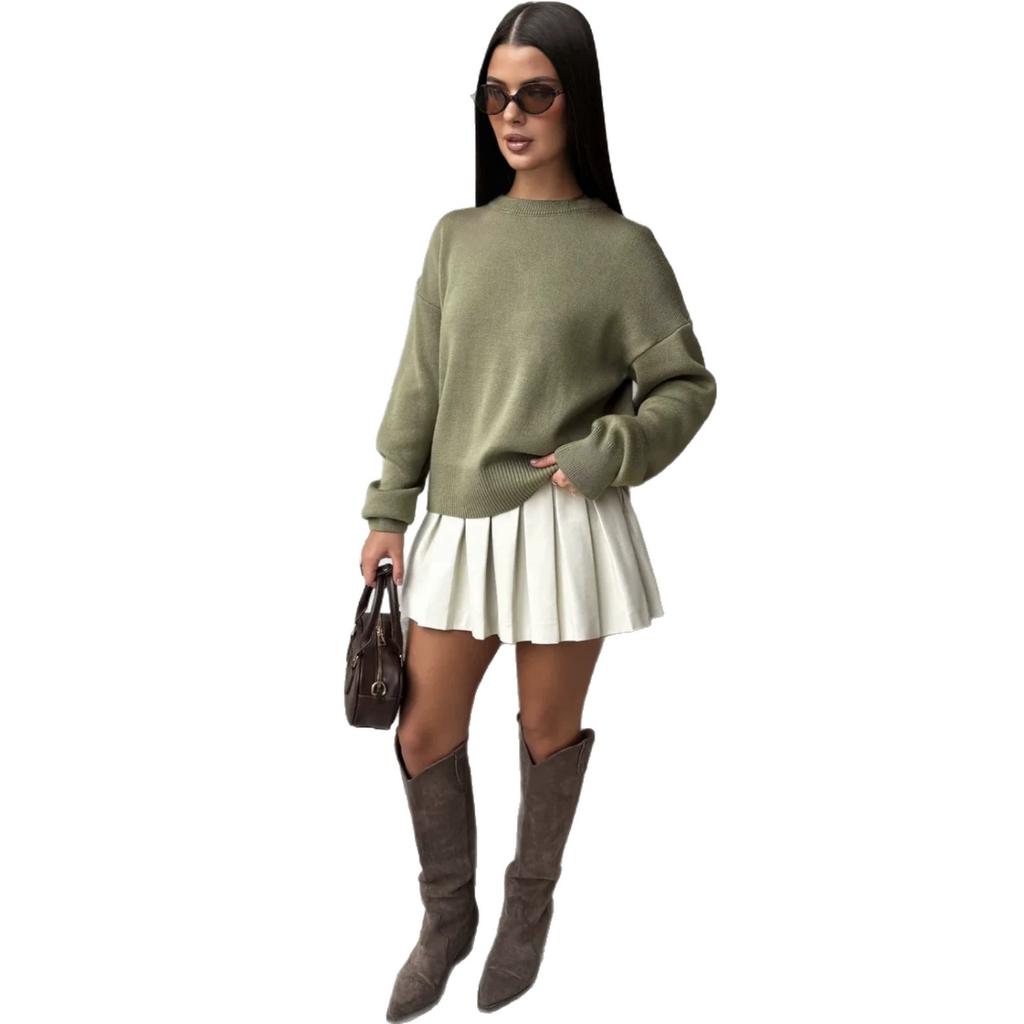 European and American cross-border models solid color classic round neck long-sleeved loose and simple pullover women's versatile knitted pullover