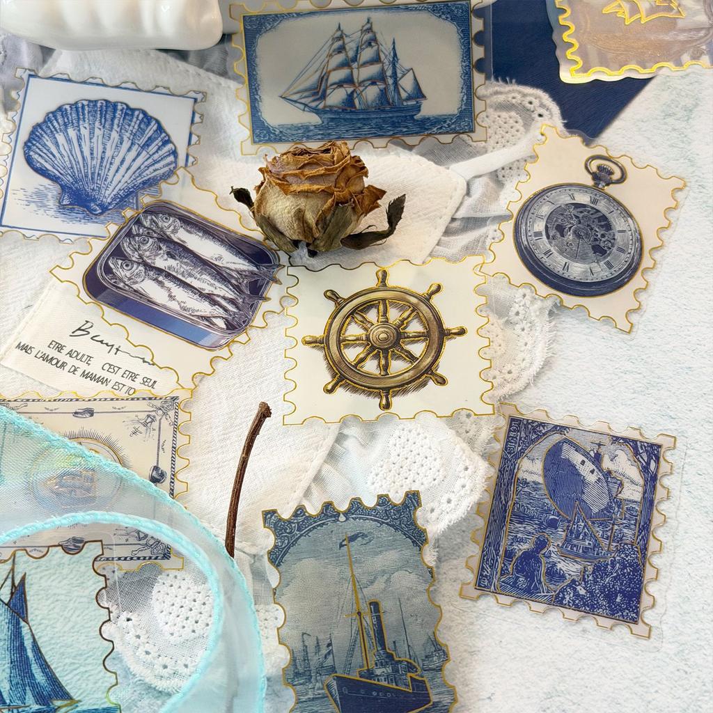 50 Pieces of Gold-stamped Handbill Stickers and Blue Vintage Nautical Postage Stamp Stickers