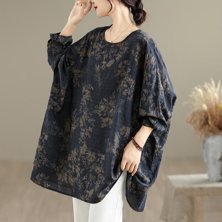 

DIMANAF 2025 Большой размер Осень Новая футболка Женщины Цветочный принт Свободный Повседневный Круглый вырез Топы Футболки Рубашки Оверсайз one size синий