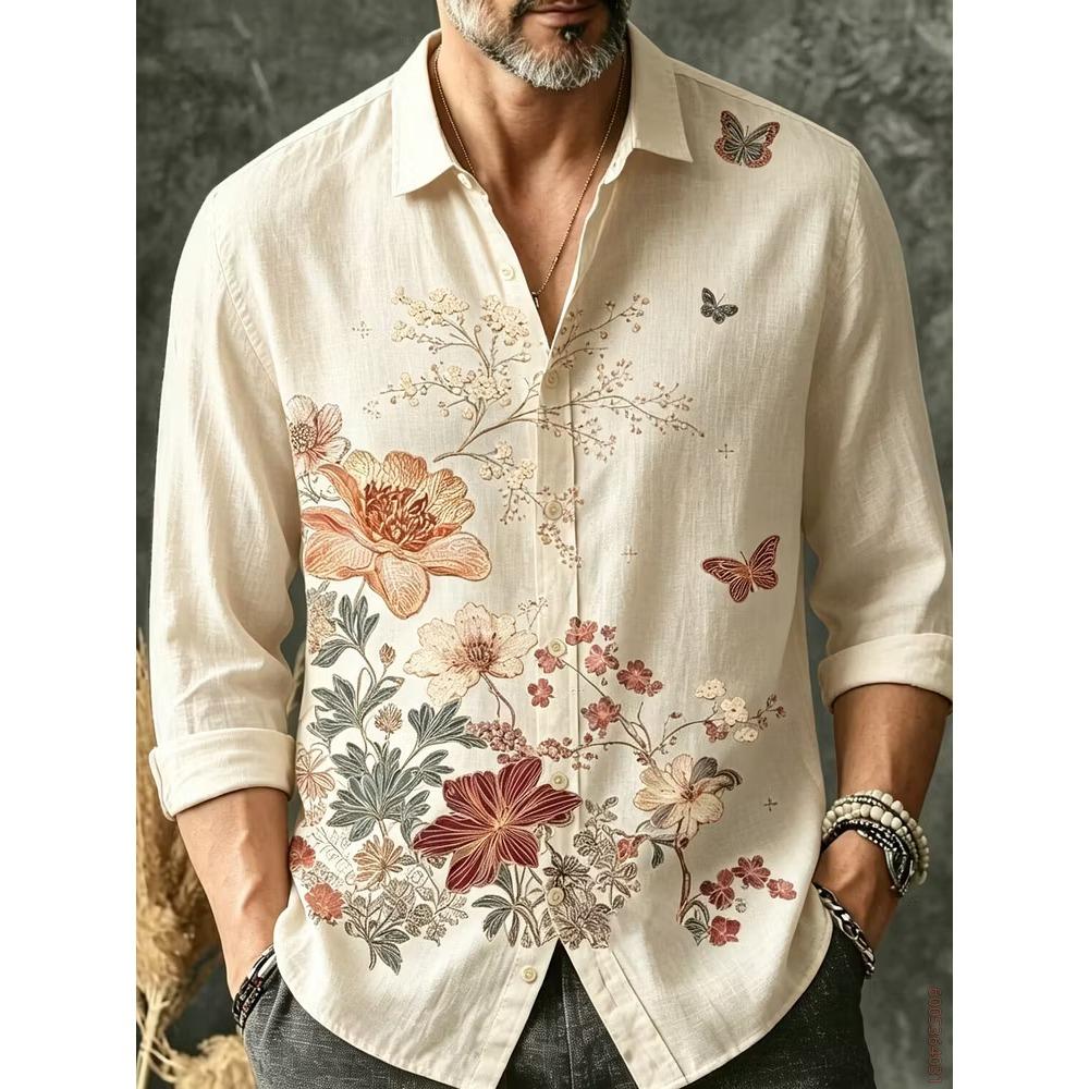 Men's Long Sleeved Shirt with Sun Rainbow Print Top, Versatile for Vacation and Travel, Fashionable and Comfortable Casual Shirt