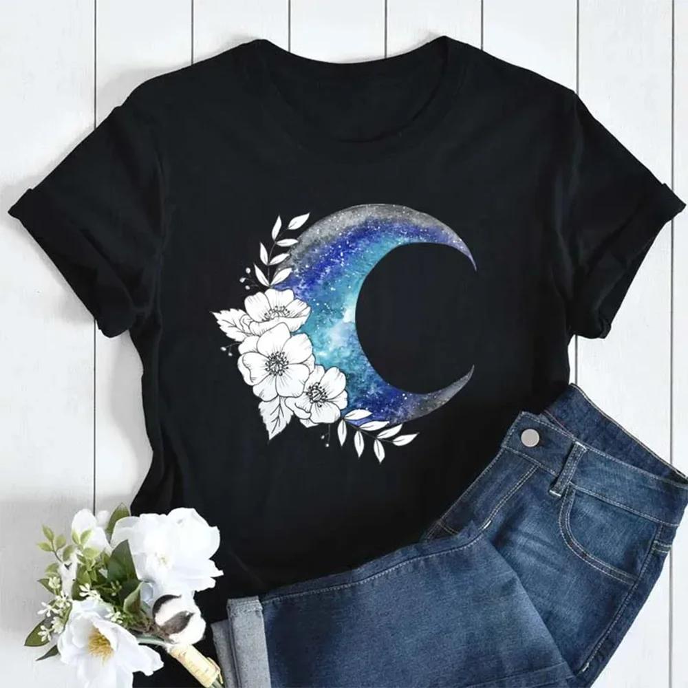 

Plus Size Maycaur Fashion Vintage Moon with Floral Print Women T Shirt Casual Short Sleeves FeUnisex Tshirts Cartoon Graphic Tee S