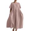 Abito da Donna Primavera Estate Cotone-Lino Ampio Girocollo alla Moda Taglie Forti Manica Corta Casual Comodo Lungo