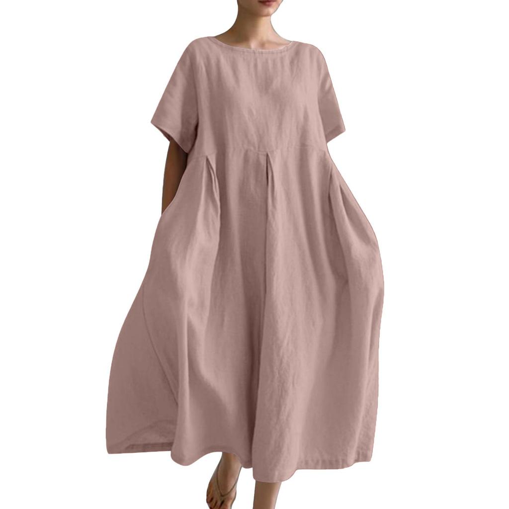 Abito da Donna Primavera Estate Cotone-Lino Ampio Girocollo alla Moda Taglie Forti Manica Corta Casual Comodo Lungo