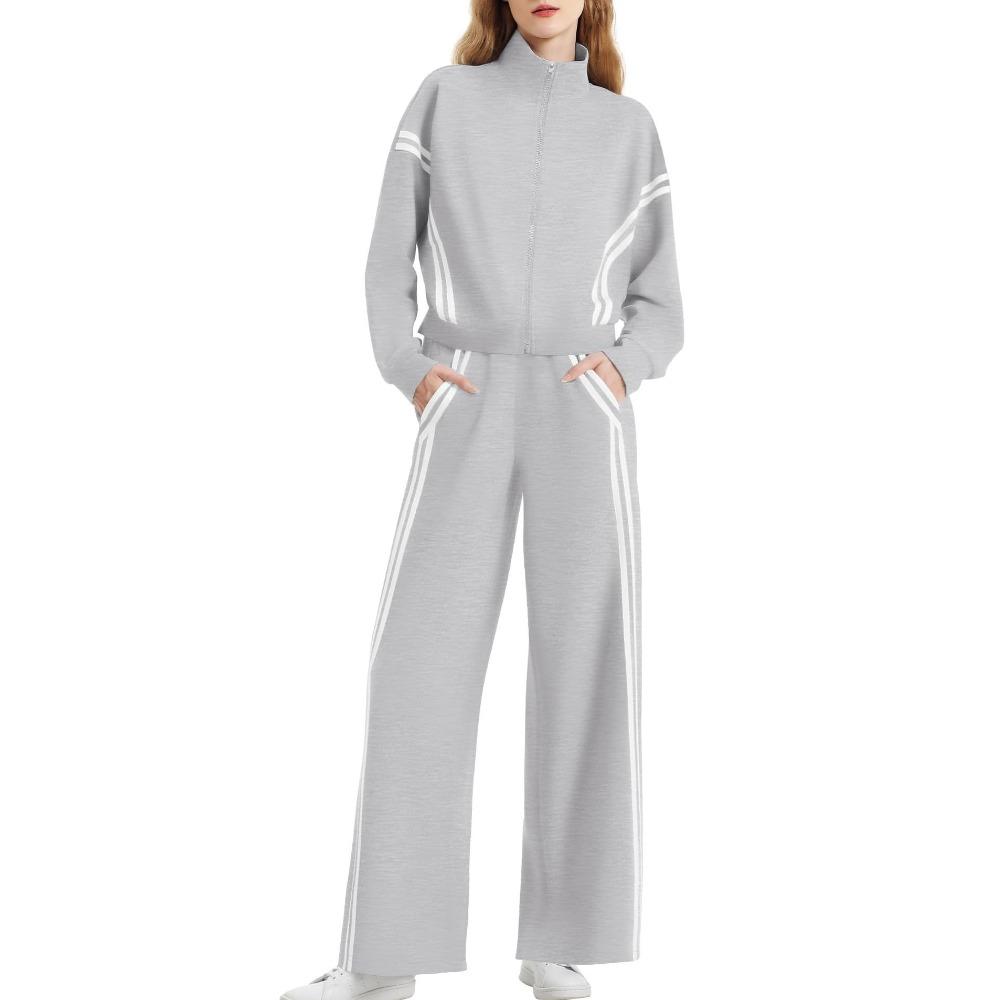 Women's Zip‑Up Stand Collar Striped Side Wide Leg Pants 2‑Piece Tracksuit Set