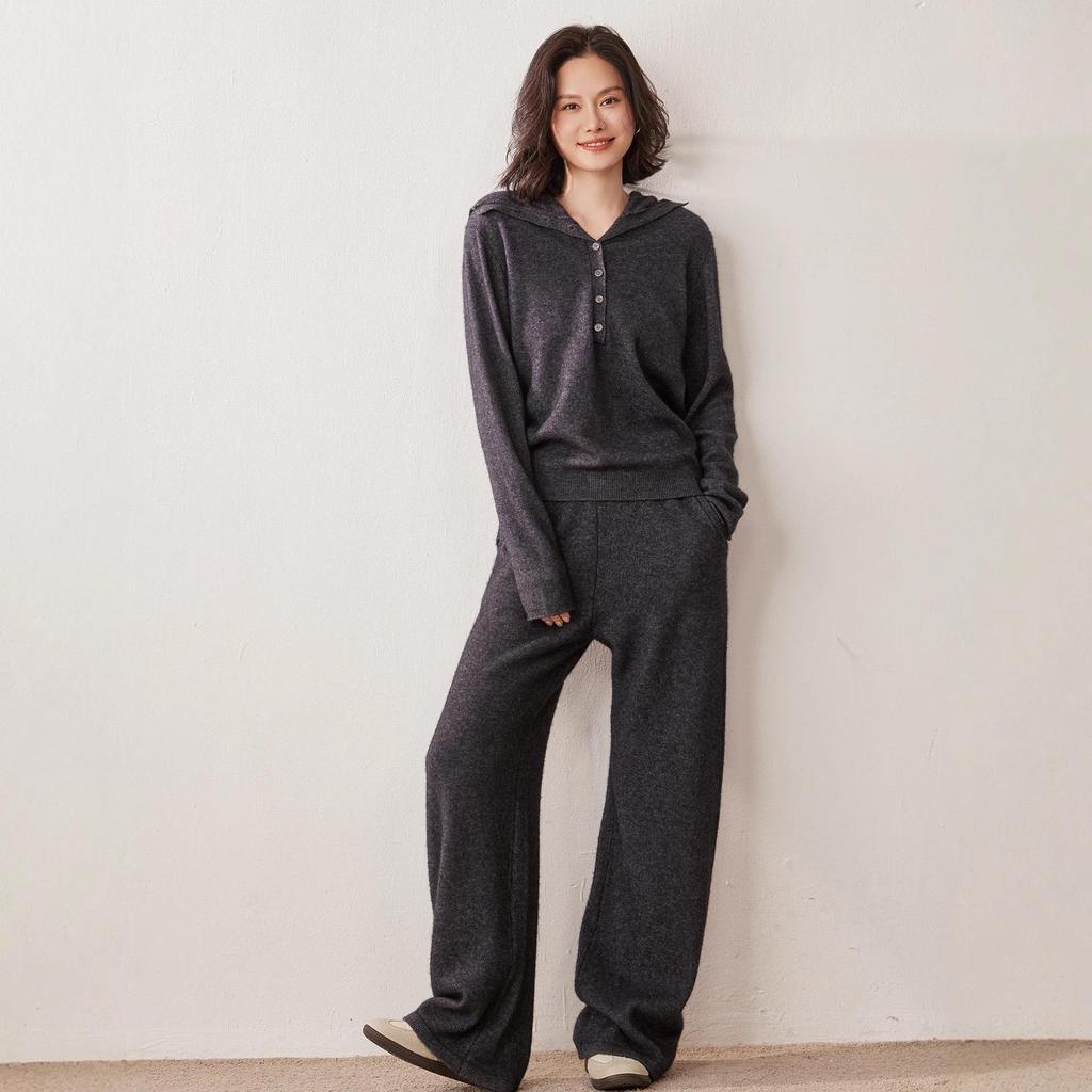 2025 A/W Women's Cashmere Knit Set: High-Waist Wide-Leg Pants & Drawstring Hoodie with Pockets, Korean Style Fashion