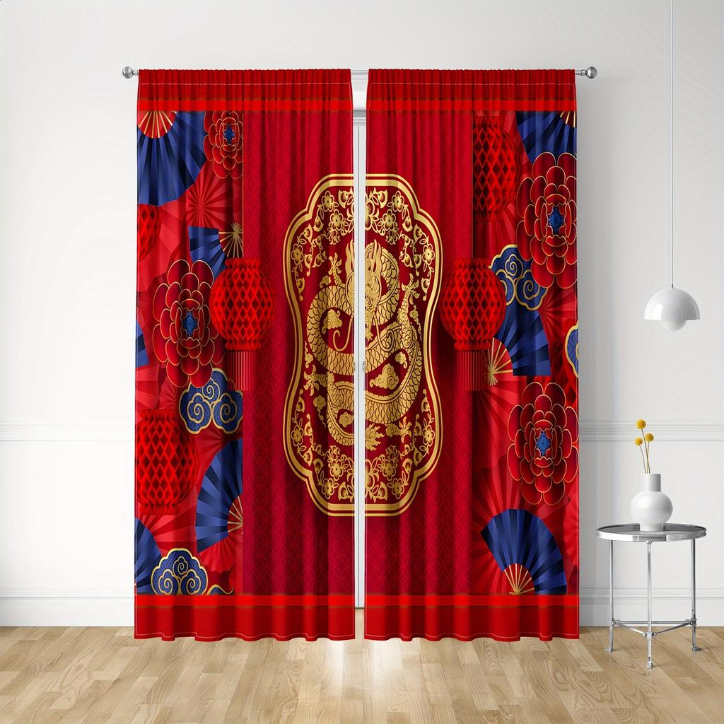 2pcs Year Dragon Festival Curtain Set - Vibrant Spring Design Modern Printed Perfect for Living Room Bedroom Kitchen Home Decor