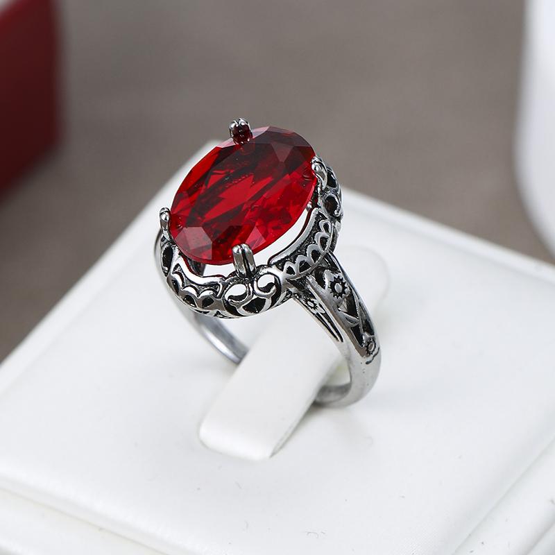 Vintage CopperColor Ring for Women Oval Cut Red Gemstone Hollow Filigree Statement Ring Retro Boho Birthday Jewelry Accessorie