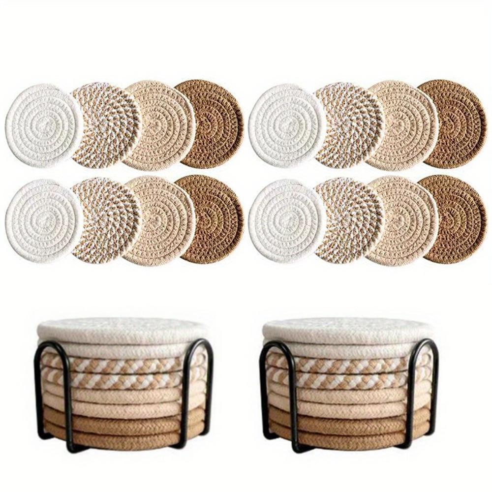 Absorbent Beverage Coaster Set with Stand Minimalist Woven Coffee Pad for Table Protection Heat Resistant Cup Mats Home Decor