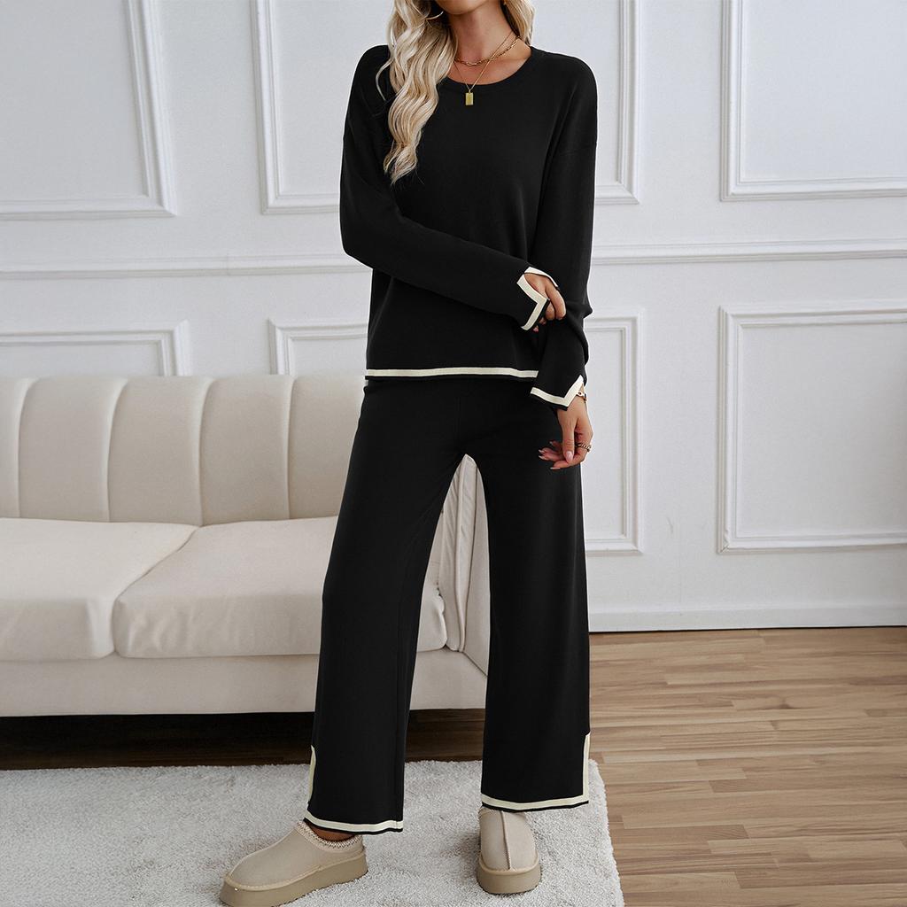 Women's Color Block Long Pants Round Neck Long Sleeve Loungewear Set