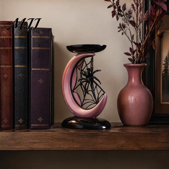 Gothic Home Ornaments Halloween Pink Moon Spider Candle Holder, Sweet Dark Aesthetic Tray for Creative Resin Craft Gift Pillar Candles, Tabletop Decor