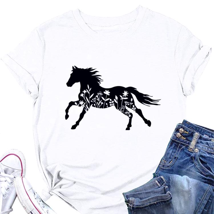 2026 Wildflower Horse Print Women T Shirt Short Sleeve O Neck Loose Women Ladies Tee Shirt Casual Streetwear T-shirts,Y2K Tops