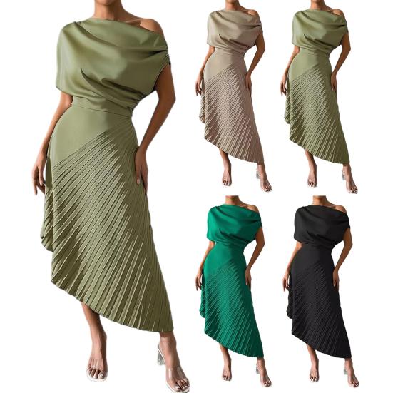 Vestido de Noche Formal Plisado para Mujer Vestido Plisado de un Solo Hombro Línea A Manga Corta Fruncido Vestido de Fiesta Cóctel