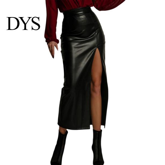 Hip Skirt Midi High Waist Artificial Leather with Slit Design Pure Versatile Color Slimming Fit Office Lady Work Leisure Daily Wear Women Waisted