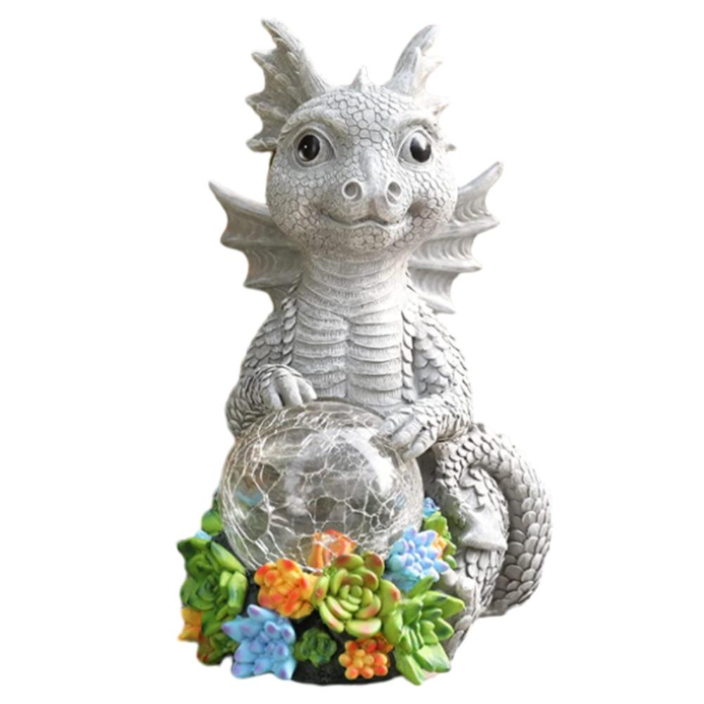 Resin Garden Dragon Statue with Solar Crackle Globe Light Dragon Figurine Dragon Garden Sculpture for Patio Yard Lawn Porch