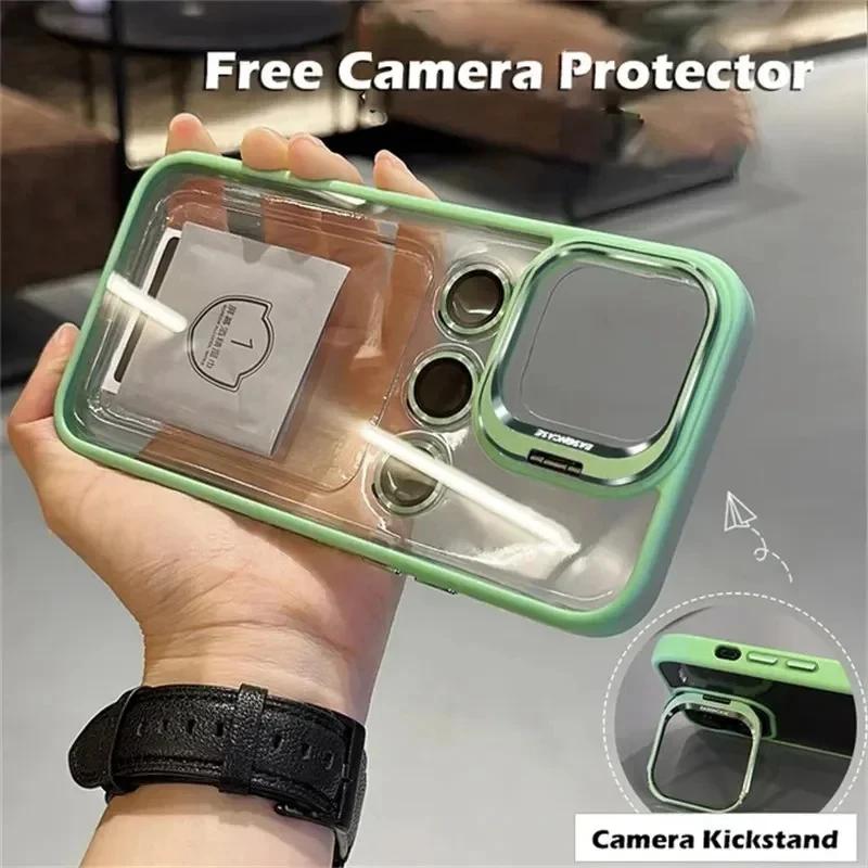 

Transparent Shockproof Phone Case For iPhone 11 12 13 14 15 16 Pro Max Plus Clear Bracket Lens Protection Cover For iPhone 14Plus
