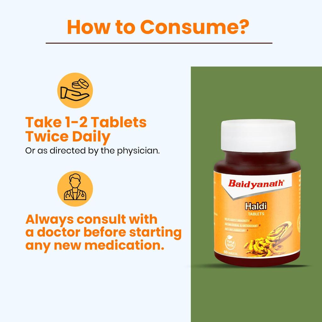 Baidyanath Turmeric Tablets Pack Of 2  X 60 Tabs Each 250mg Natural Haldi Extract For Immunity Skin Glow And Healthy Digestion Support