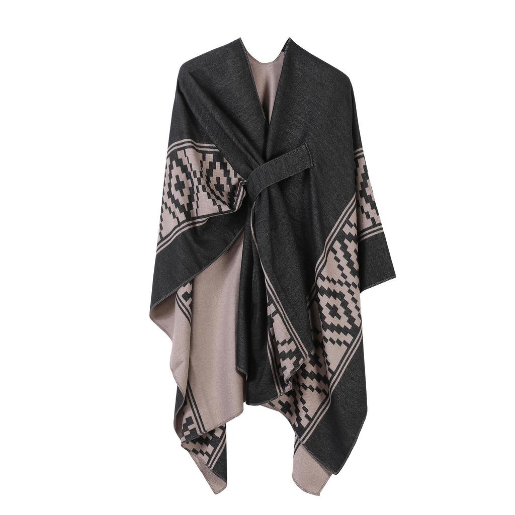 Women's European & American Double-Sided Solid Color Cape Shawl with Striped Edge