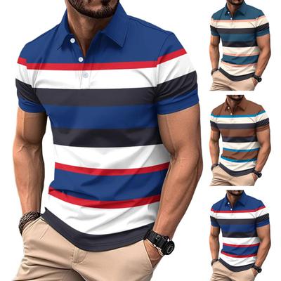 Men Striped Lapel Tee Casual Short Sleeve Golf Tee Shirt Business Collared T-Shirt Top for Sports Golf Travel Office Parties Daily Wear
