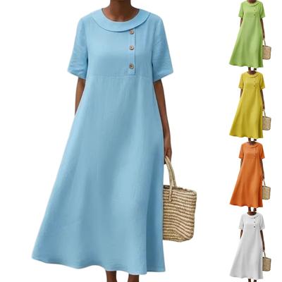 Vestido Casual Vintage de Mujer con Botones, Cuello Redondo, Corte Holgado
