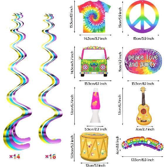 30Ct Hippie Hanging Swirl Decorations, 60 s 70 s Groovy Party Supplies, Tie Dye Birthday Theme Decor for Boy Girl Baby Shower, Peace Sign 1st Bday