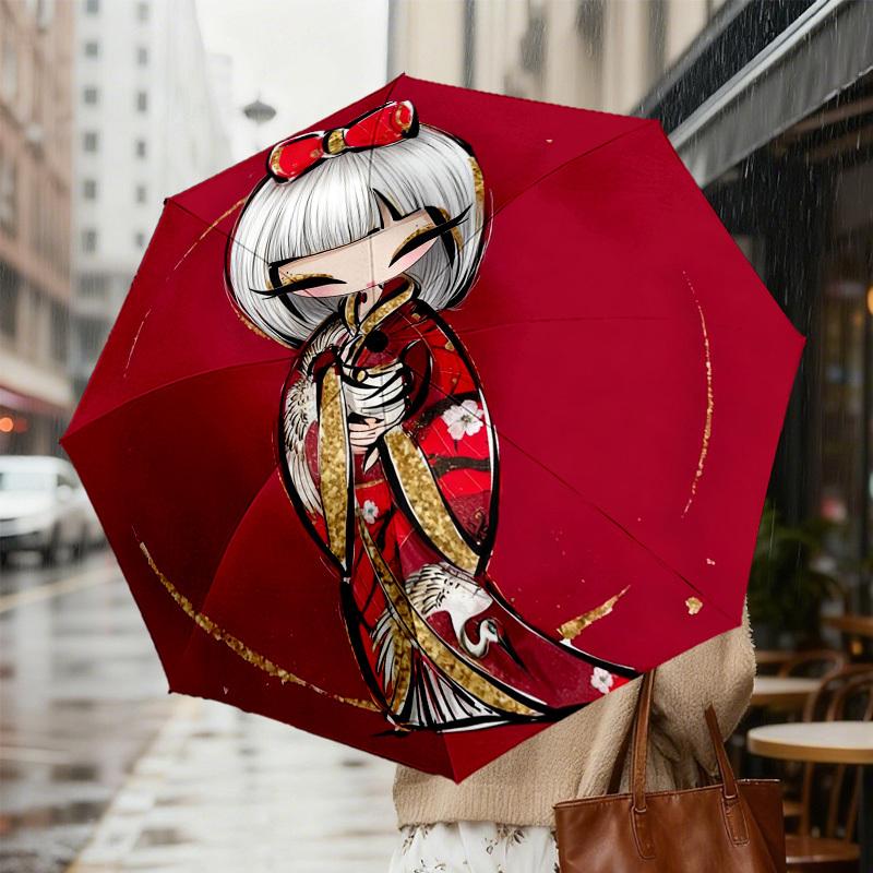1pc Kimono Flowers Automatic Folding Umbrella, Heavy Duty 8 Rib Iron Frame,  Suitable for Travel, Daily Use, Birthday, Decor Gift m0104023