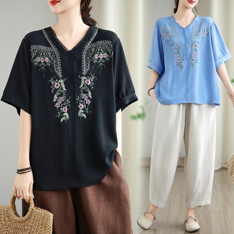 Dimanaf 2025 Summer Plus Size T-Shirt Floral Women Short Sleeve V-Neck Short Loose Tops Tees