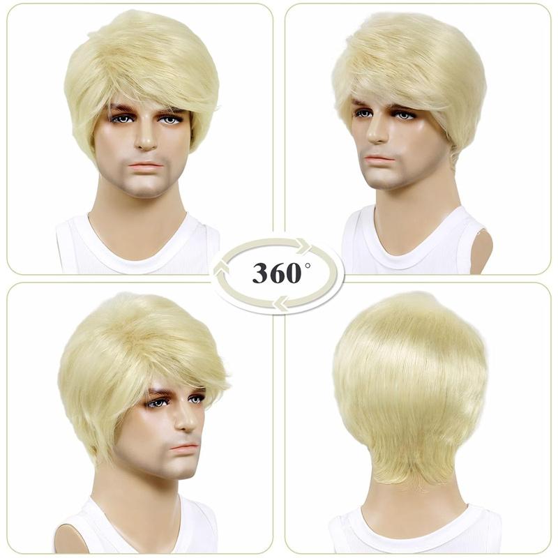 Synthetic Ombre Blonde Wig for Men Short Wave Wig with Bangs Natural Fluffy Hair Daily Anime Party Cosplay Wigs Male