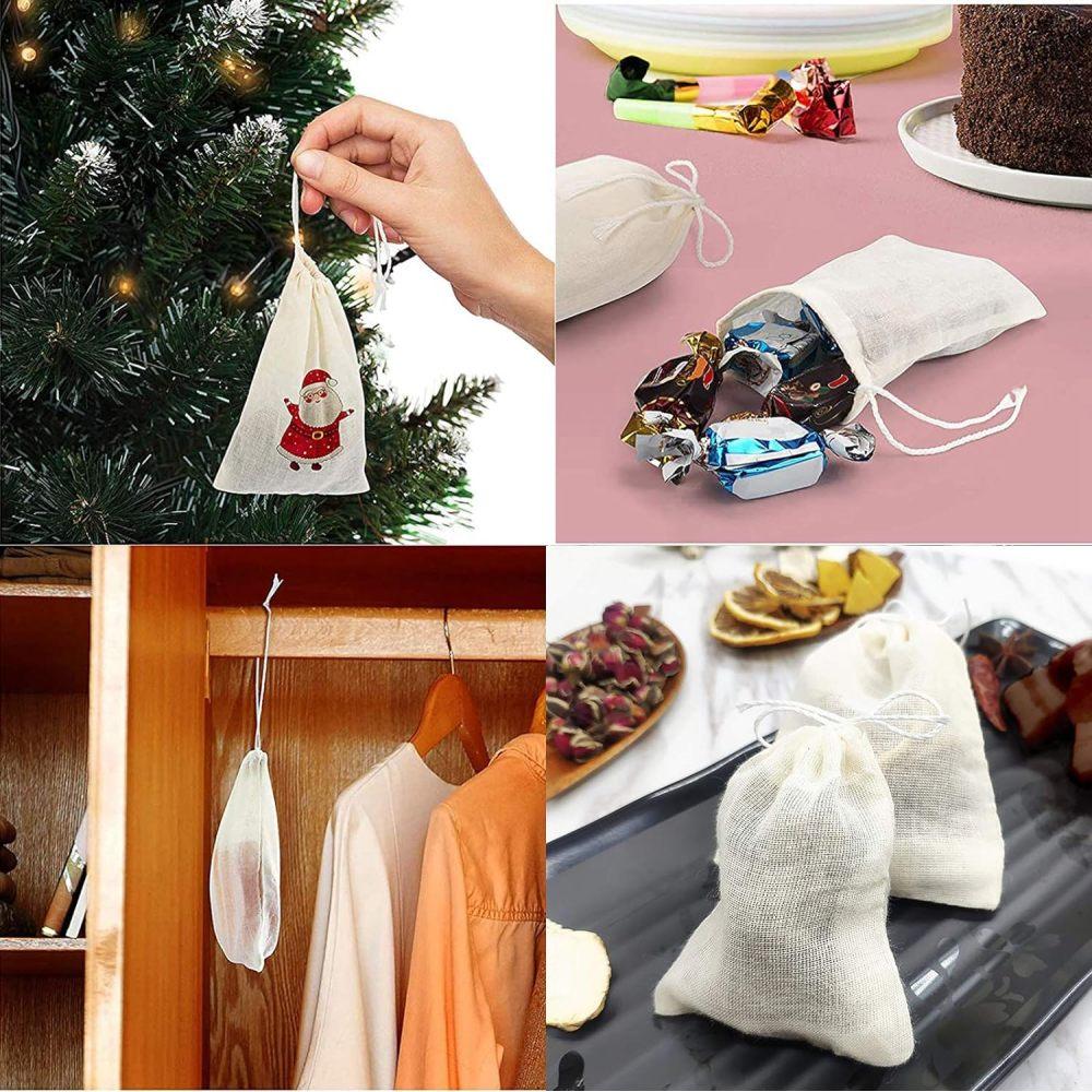 20 Stück natürliche, ungebleichte Baumwollbeutel mit Kordelzug, für Gewürze/Kräuter/Tee, Musselinbeutel, Sachets für den Haushaltsbedarf