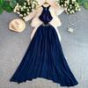 Sexy Backless Halter Neck Dress with Padded Cups for Women Vintage Bohemian Embellished Asymmetrical Elegant Chiffon Midi Dress